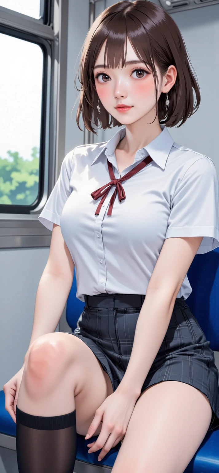 a closeup, ​masterpiece, top-quality, FULL ANATOMY、Raw foto, Photorealsitic, faces, unbelievable Ridiculous, beautiful a girl, cute little, shorth hair, White underwear、depth of fields, hight resolution, ultra-detailliert, finely detail, ighly detailed, extremely detailed eye and face, Realistic pupils, foco nítido, Cinematic lighting、flat breast、tiny chest、small tits、(Petite bust:1.2)、Petite bust、 (Slimed、small tit、flat boobs、small tit)、 a 20 yo woman、Sexual facial expressions、sexy  pose、 (Panties are visible)、 Wet body、Blushing、Sweating、Very embarrassed look、The face is bright red、On the train、Large crowds、short-hair、Straight bob hair、Shorthair with bangs、A smile、Schoolgirl Uniform、Panties are visible from the skirt、Very detailed 8k wallpaper、Sheer white shirt、Navy blue ribbon at the collar、Dark blue pleated micro mini、Show me your whole body、Plump panties、White Sox、Lift the hem of the skirt、Lift the hem of the skirt with both hands、Lift the hem of the skirt yourself,、Showing her panties to the camera、is standing、