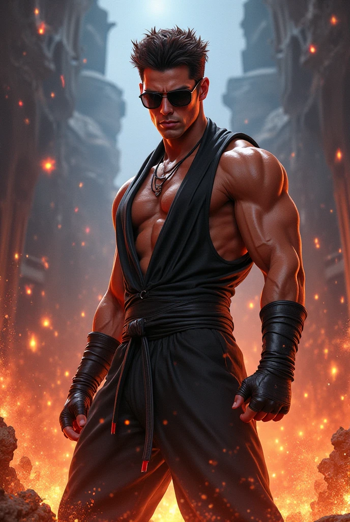 Picture a dystopian future in the year 2500, with a cyberpunk aesthetic. In the center of the frame is Kintaro, a burly Japanese man with a vibrant expression. He's equipped with an energy axe and is wearing a combat suit. His head is covered with a bear fur hat, and a bear-shaped pendant around his neck serves as a power booster. The color scheme is a mix of gold and bear brown. The image should be rendered in a hyper-realistic style, with a high level of detail and a resolution of 16k. The lighting should be low and moody, with neon lights casting long shadows and creating a sense of drama. Use a telephoto lens to emphasize Kintaro against the backdrop of the desolate landscape. --ar 16:9 --v 5.1 --style raw --q 2 --s 750