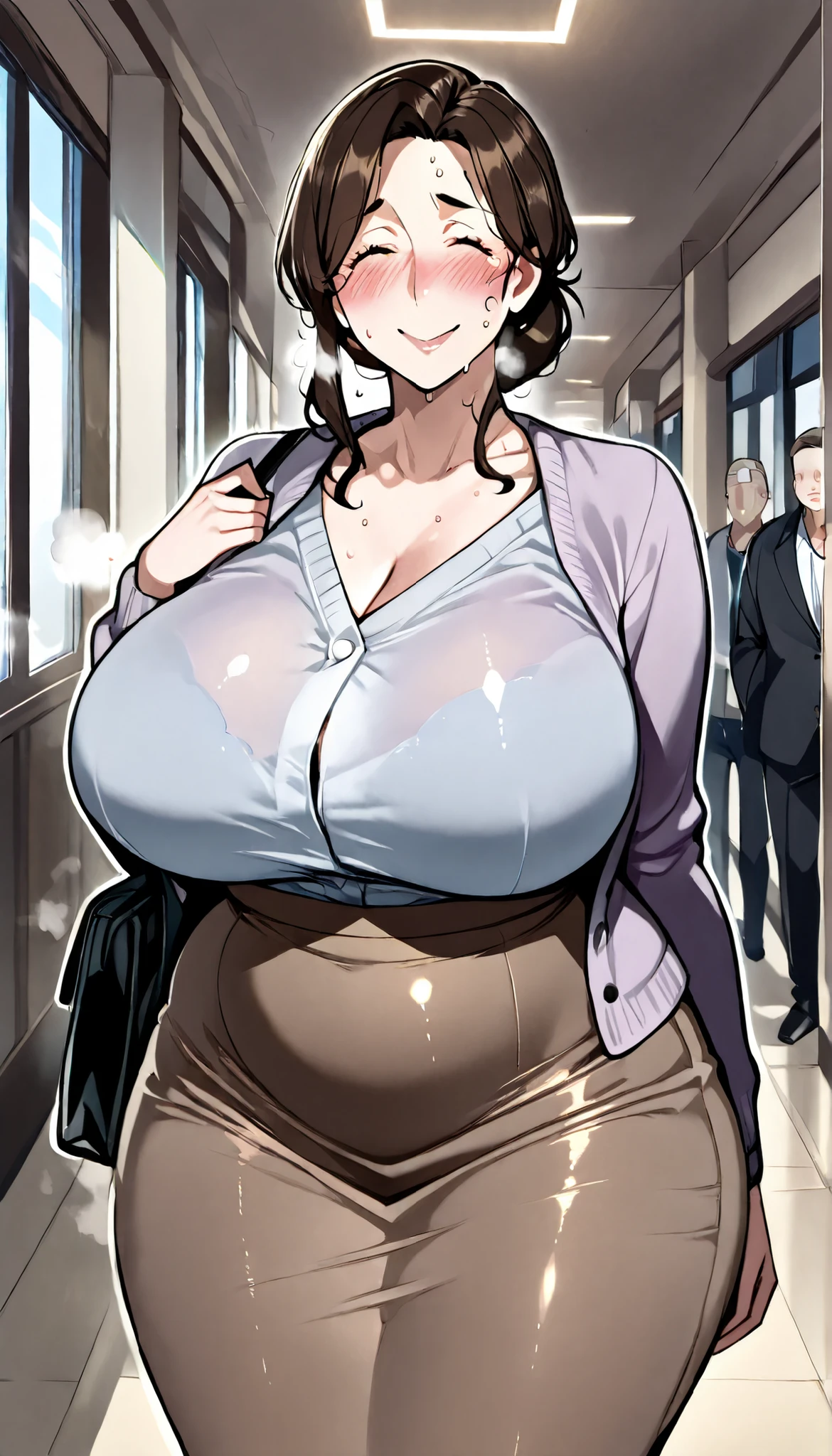 adult woman 1people, NTR_face, mature woman, milf, motherhood, huge breasts, very big butt, plump, curvy, round face, small wrinkles around her eyes and mouth, brown hair, messy bun, troubled face, detail, smile, blushing, sweating, steam, cardigan, tight skirt, hallway