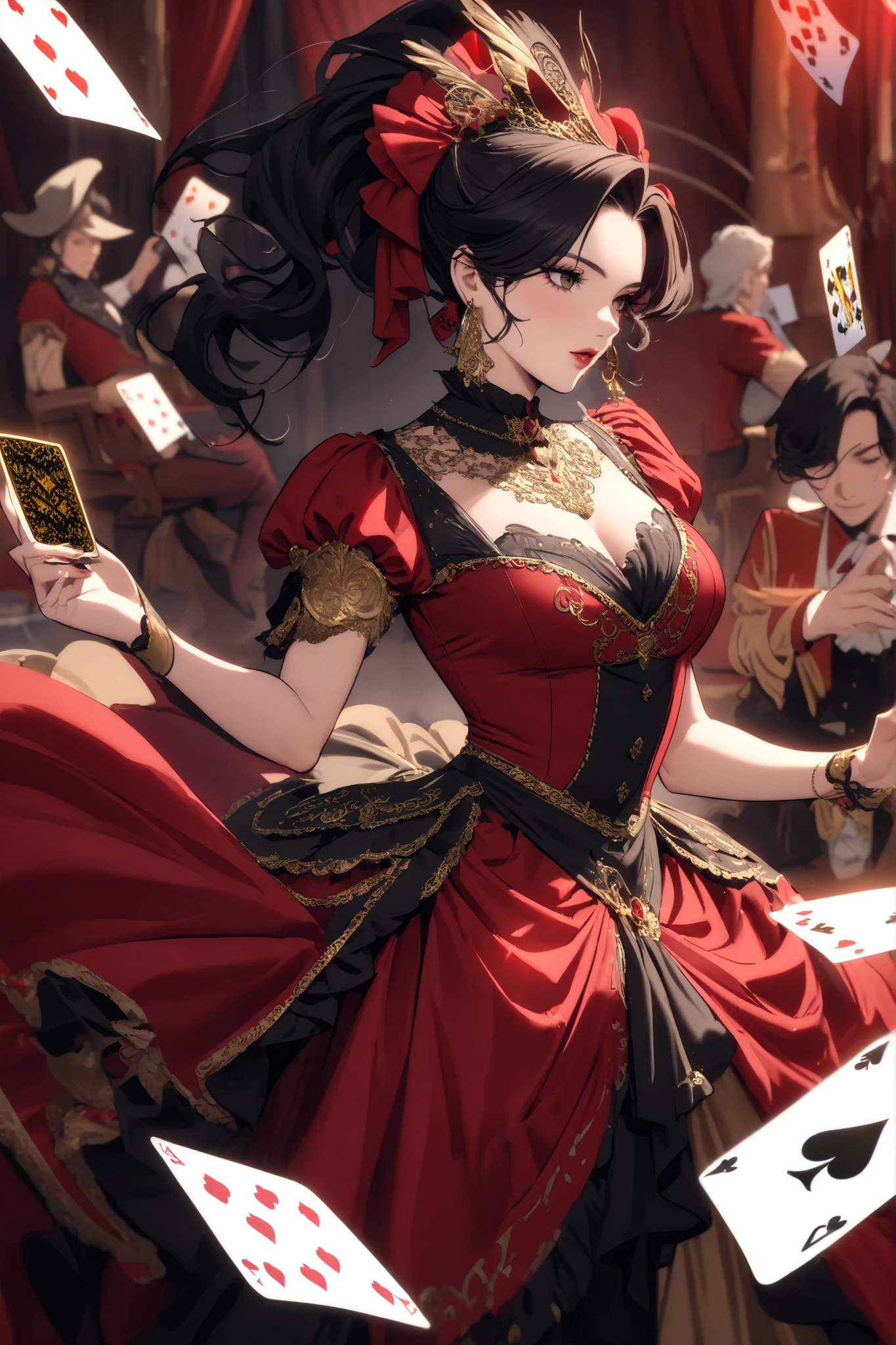 (( Personalized Playing Cards , A Card featuring a Cowboy fearless for his speed and cleverness , another Playing Card a Beautiful Lady from the Western era wearing a red dress with gold and black details with a fabulous neckline , cards in an upright position )))