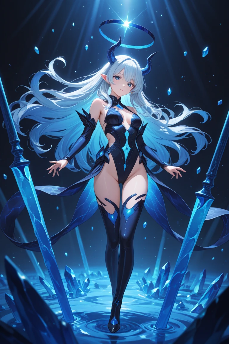 beautiful blue skinned triton woman with body small waist with round hips and thick thighs with thigh highs silver moonlight hair full body legs in water