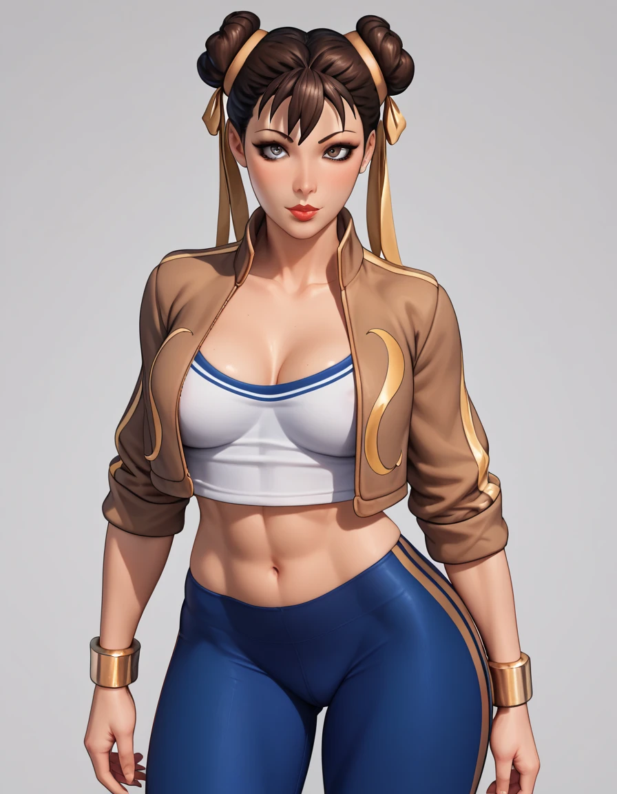brown hair, blue eyes, ponytail, (white crop top hoodie), (white latex leggings), gold necklace