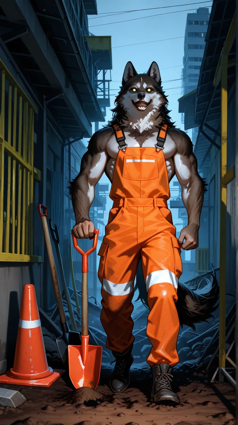 male, black wolf, (furry body,) black body, high quality, realistic, muscular, massive, furry, masterpiece, construction site, (full nude, construction worker, only safety vest, only worker helmet, only white fundoshi,)