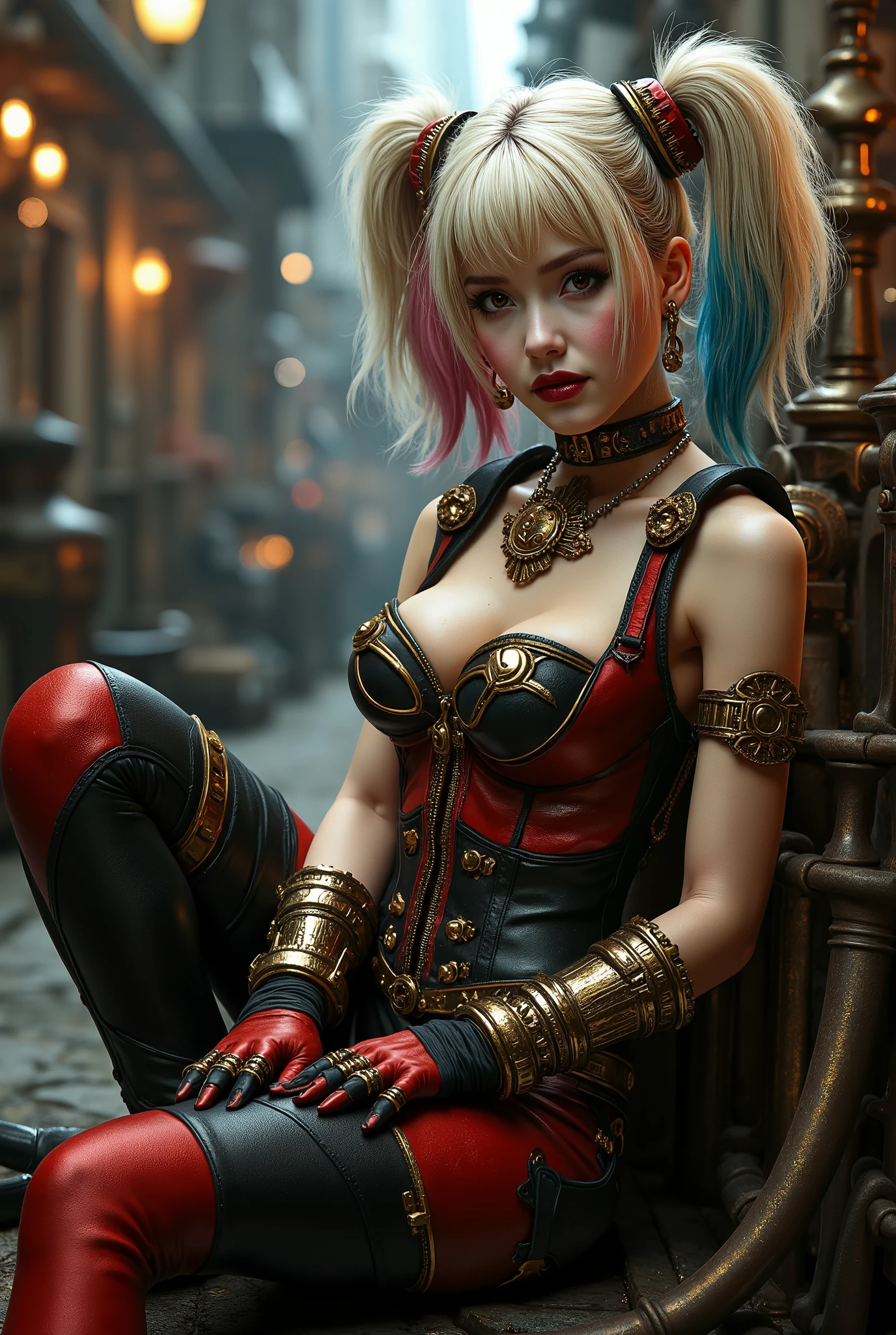 steampunk Harley Quinn, sitting. photo real