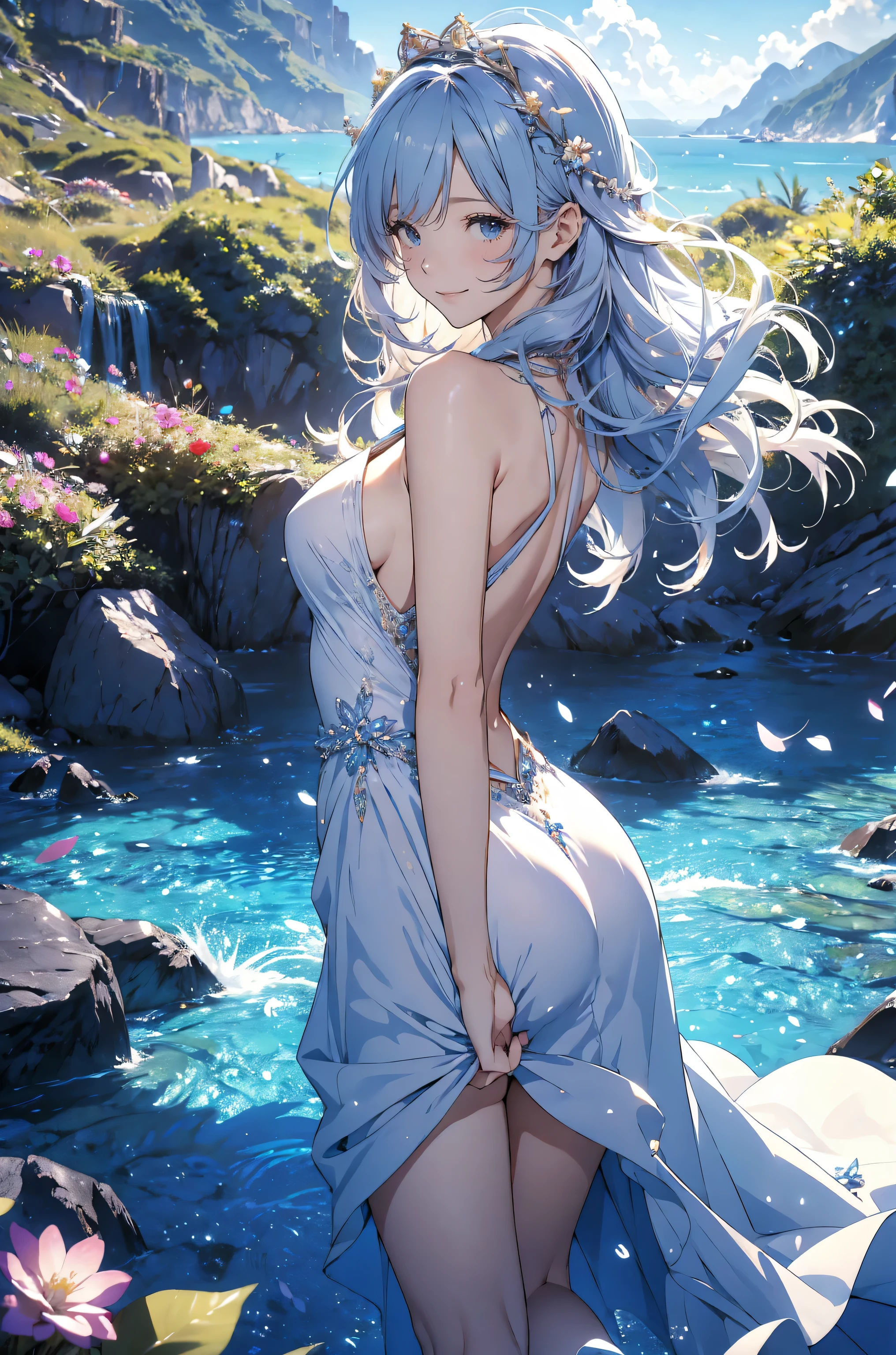 (Very detailed CG Unity 8k wallpaper)、(masterpiece)、(highest quality)、(Very detailed)、(Best illustrations)、(Best Shadow)、alone、One Girl、Green Eyes、Big Eyes、Big Breasts、whole body、Bold backless dress、noon、Clear skies、Spectacular backdrop、high resolution、whole body、Back view、Sweat、Bright hair color、short hair、Shiny skin、Shiny texture