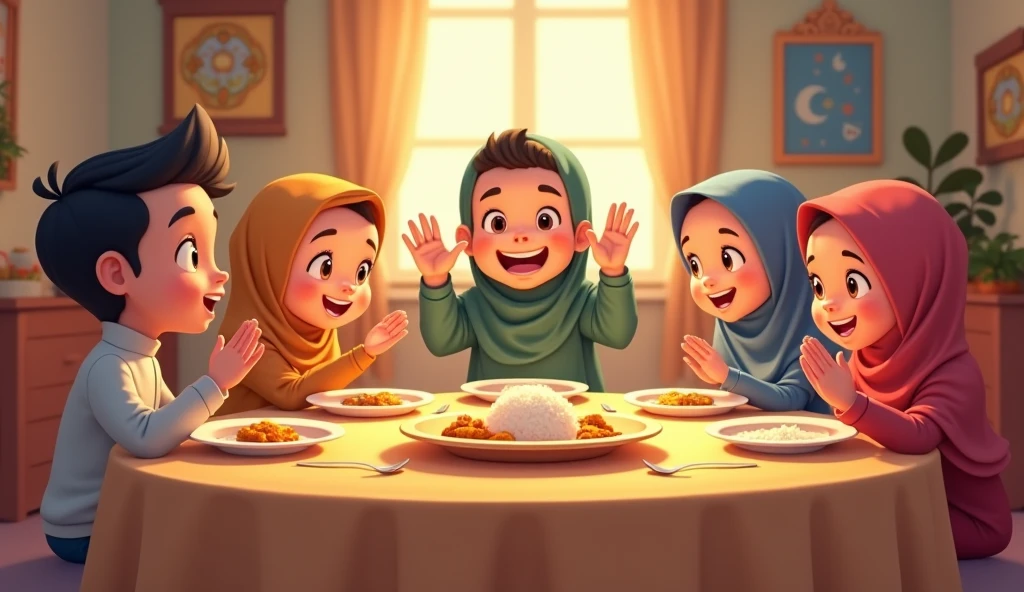 A woman with hijab and family eat rabbitfish