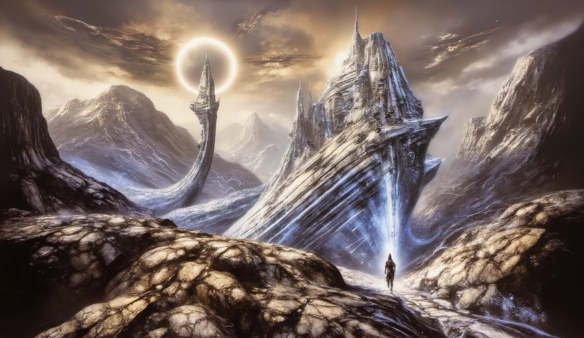 Magical floating fortresses in an alien dimension, surreal sky of twin suns and shifting clouds, color-rich stones glowing from within, dramatic shadows and underlighting reveal a futuristic yet mythical realm, Roger Dean meets high-concept sci-fi, painted in 8k digital oil, dreamlike and cinematic, ultra-detailed fantasy masterpiecesc