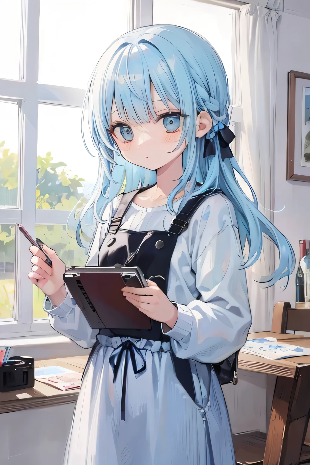masterpiece, best quality, high resolution, one girl, loose t-shirt, girl sitting on chair studying drafting at desk, horizontal angle, studying seriously, paperwork, good luck studying, drafting, cute, pretty light blue hair, architect,