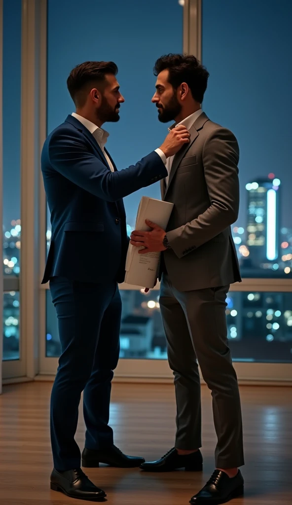 Two handsome muscular men dressed in suits looking at each other with sexual desire in an office