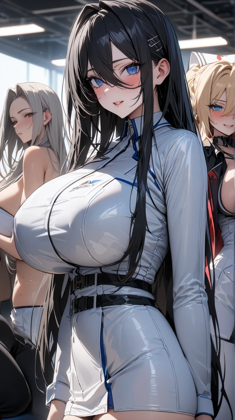 Best Quality, 8k, High resolution, high quality, masterpiece, Beautiful, (Anatomically correct:1.2), A beautiful woman, 20th Generation, Silky gray hair, Straight Long, long bangs that hide one eye, Red eyes, Beautiful Skin, Tall and toned body, pointy big breasts, Rider Suit, Scarf, carry a gun on one's back, night, skyscraper, evil grin, (looking up), upper body,