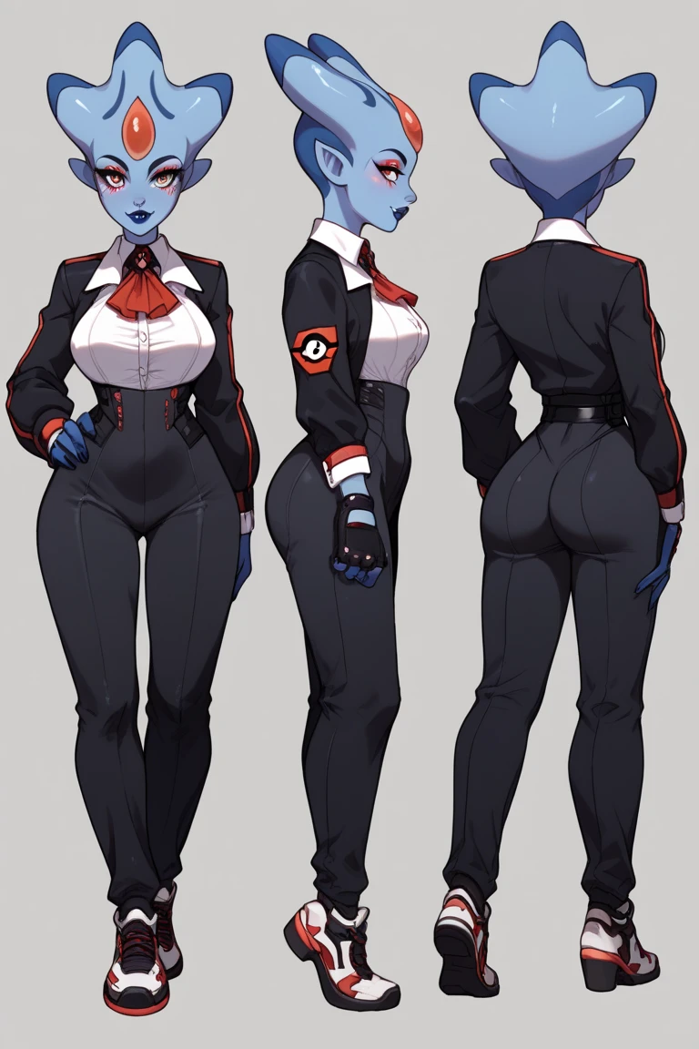 (((character sheet, front view, side view, back view, pose, concept, flat color, plain color))), (Shadman art:1.2), (big blissful eyes:1.2), (reclined), (curvy body:1.2), (highly detailed:1.2), (detailed face and eyes:1.2), (huge breasts:1.2), (busty), (deep cleavage), (breasts bulging:1.3),1girl,solo,RavenTT, dynamic post ,navy-blue cloak, brooch, leotard, belt,short hair,purple hair, purple eyes,black lipstick,grey skin,curvy,wide hips