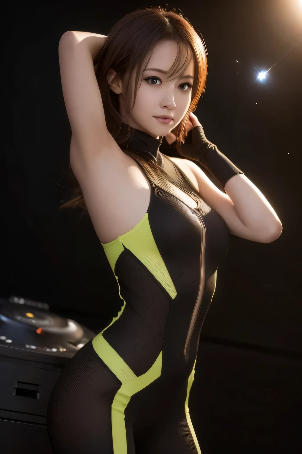 Space ship, captain future, comet, extremely fine and beautiful design, illustration, masterpiece,best quality, high resolution, 8k, sf,space fantasy, extremely beautiful and fain design, extremely fine and beautiful colors, An anime girl with shoulder-length green short hair and warm brown eyes, dressed in a sleek, black-and-yellow space pilot suit with metallic patches on her shoulders. She’s leaning back with her hands behind her head, standing in singing dancing pose, background a planet with visible Universe Galaxy,(RAW Photos, Best Quality), (Realistic, photo-Realistic:1.4), masterpiece, Very delicate and beautiful, Very detailed, 2k wallpaper, wonderful, In detail, Very detailed CG unity 8k wallpaper, Super detailed, High resolution, Soft light, Beautiful detailed girl, Very detailed eyes and face, Beautifully detailed nose, Beautiful detailed eyes,Cinematic Lighting,Perfect Anatomy,Slender body,smile,extremely fine and beautiful colors, extremely beautiful and fain design,amazing sapraizz, dynamic production