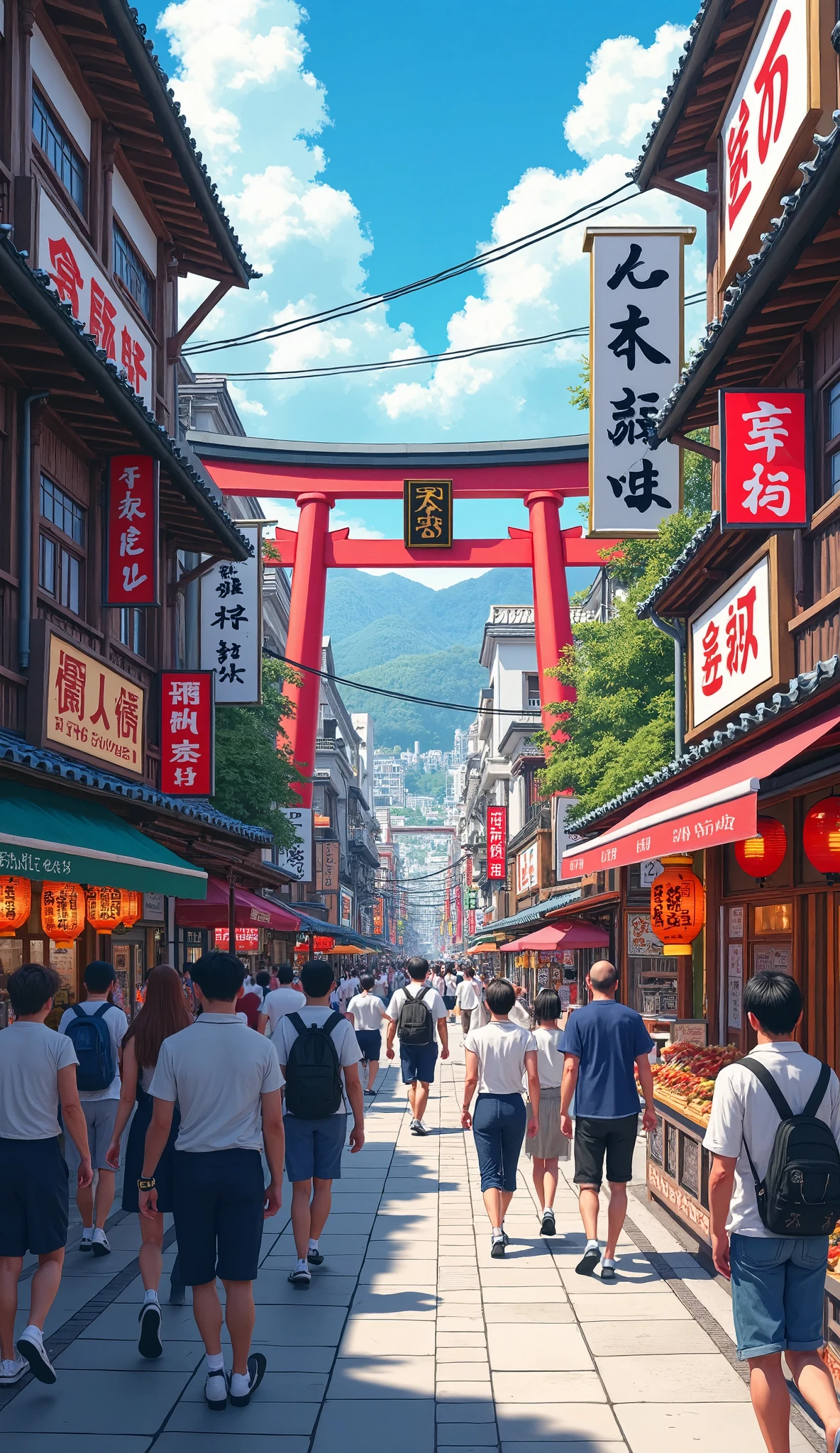  in high-definition images、A shopping street that stretches straight from the Kaminarimon area in Asakusa、 people looking down、A bustling city with lots of color。　