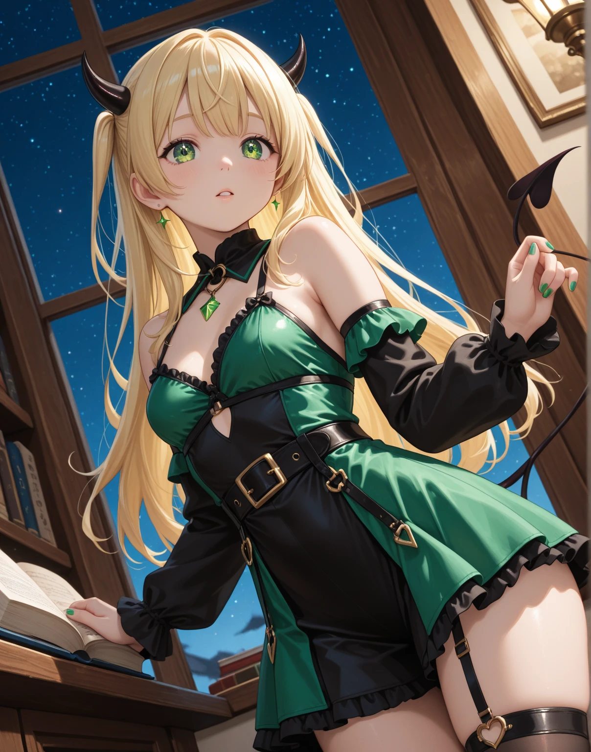 Highest quality,Highest Resolution,A beautiful blonde girl with a gorgeous smile,Full body close-up,looking at the camera,Large silver eyes,Green bra,Green underwear,High leg,green garter belt,Green knee-high stockings,Dark bedroom at night,Black bedding,Glasses,