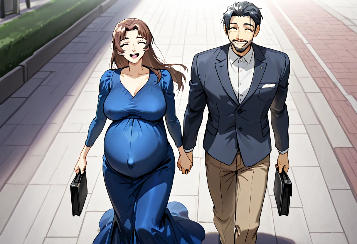 "a man with big pink hair in a suit and braid. a pregnant woman, brunette with black hair"