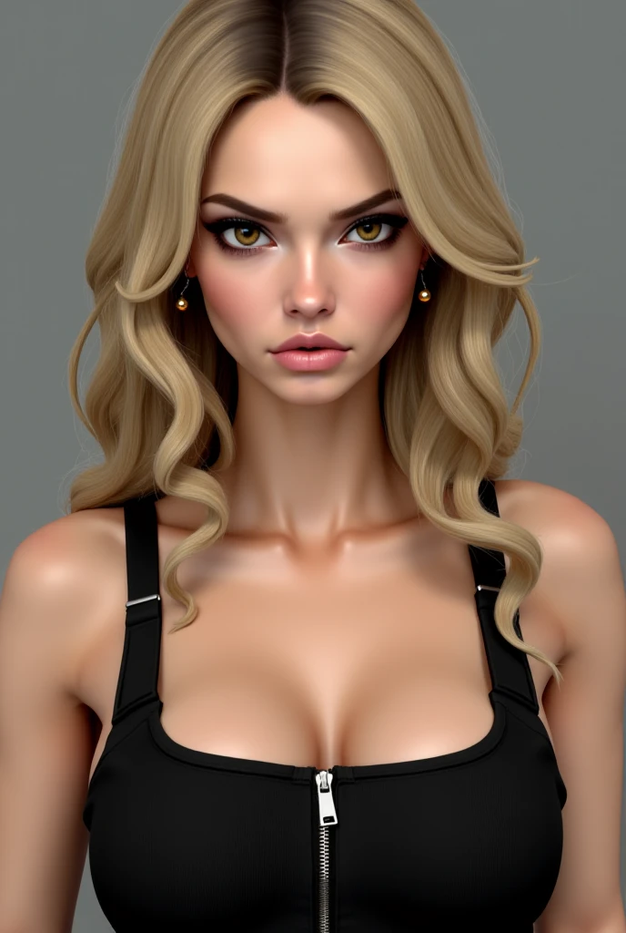 full-body potrait of a beautiful photorealistic woman. Margot Robbie. Medium-length blonde hair. Fringe. Slim body. Toned arms. Huge bust. Black choker on the neck. Black V-neck shirt