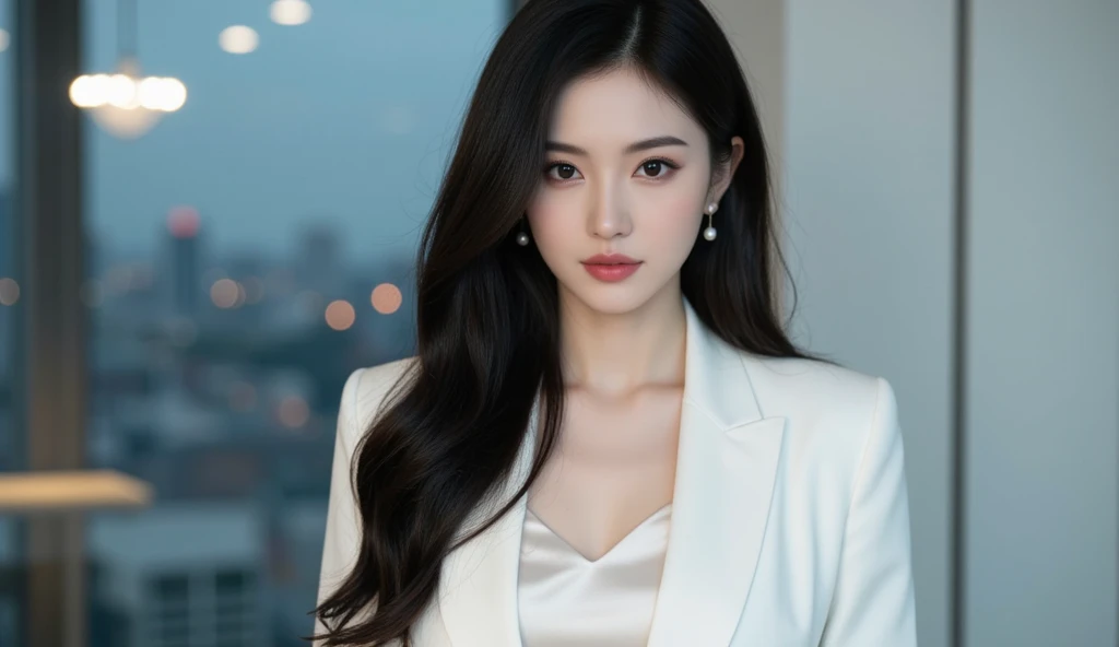 ((surreal、Super detailed image, maybe a photo.,Captures the details of the skin texture of an incredibly beautiful woman..))long straight black hair。Elegant Blazer.