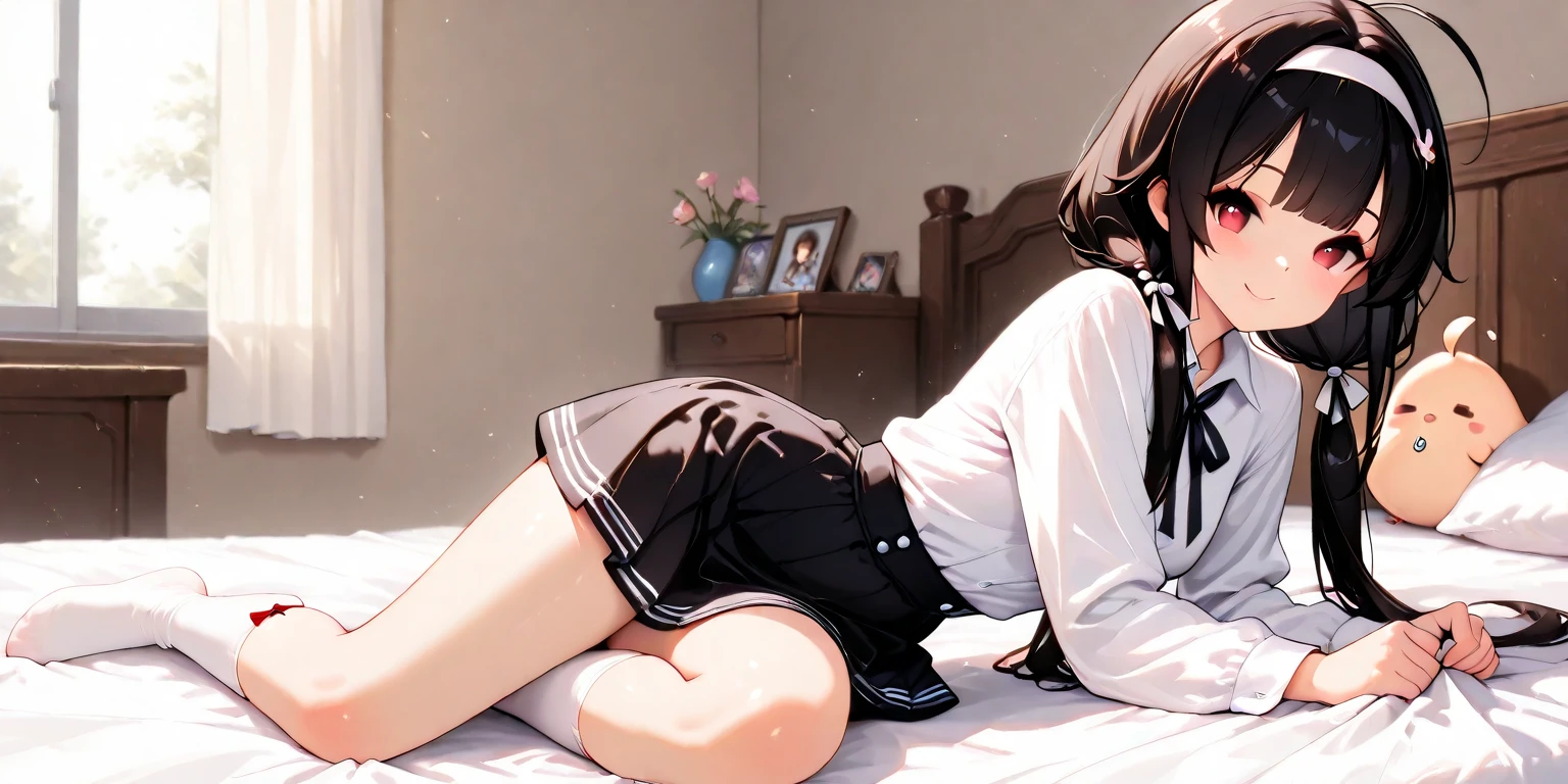 1girl, black short hair, eyes blue, Wear a blue skirt, Bedroom, on the bed, absurdres, high-resolution, ultra sharp, 8k, 巨作, looking at the scenes, from back, Death