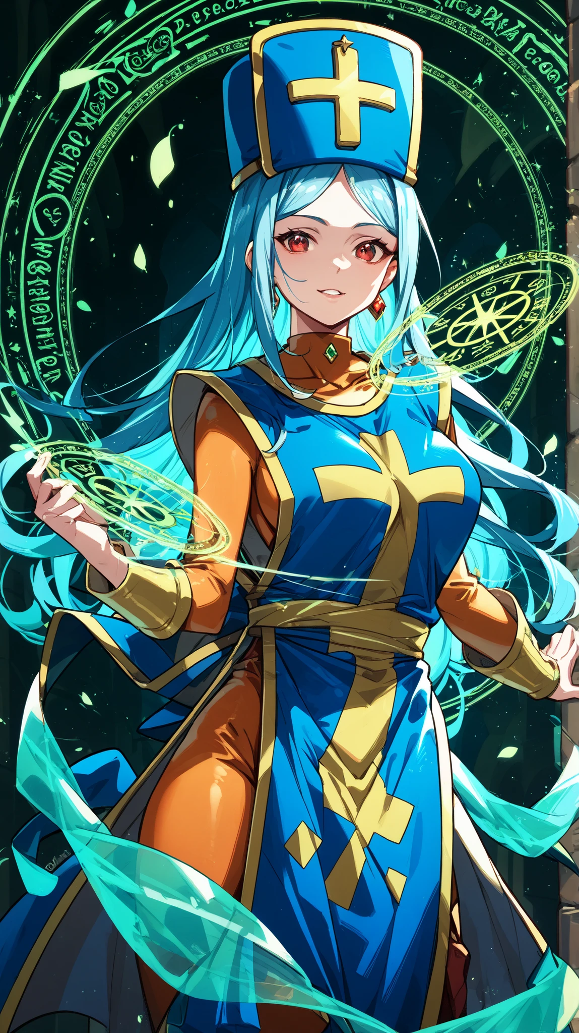 1 girl,solo, Priest (dq3),blue hair,Red Eyes,
bodysuit,orange bodysuit,Tabard,Mithra,magic,green magic circle, emerald,, score_9,score_8_up,score_7_up,score_6_up,score_5_up,score_4_up,