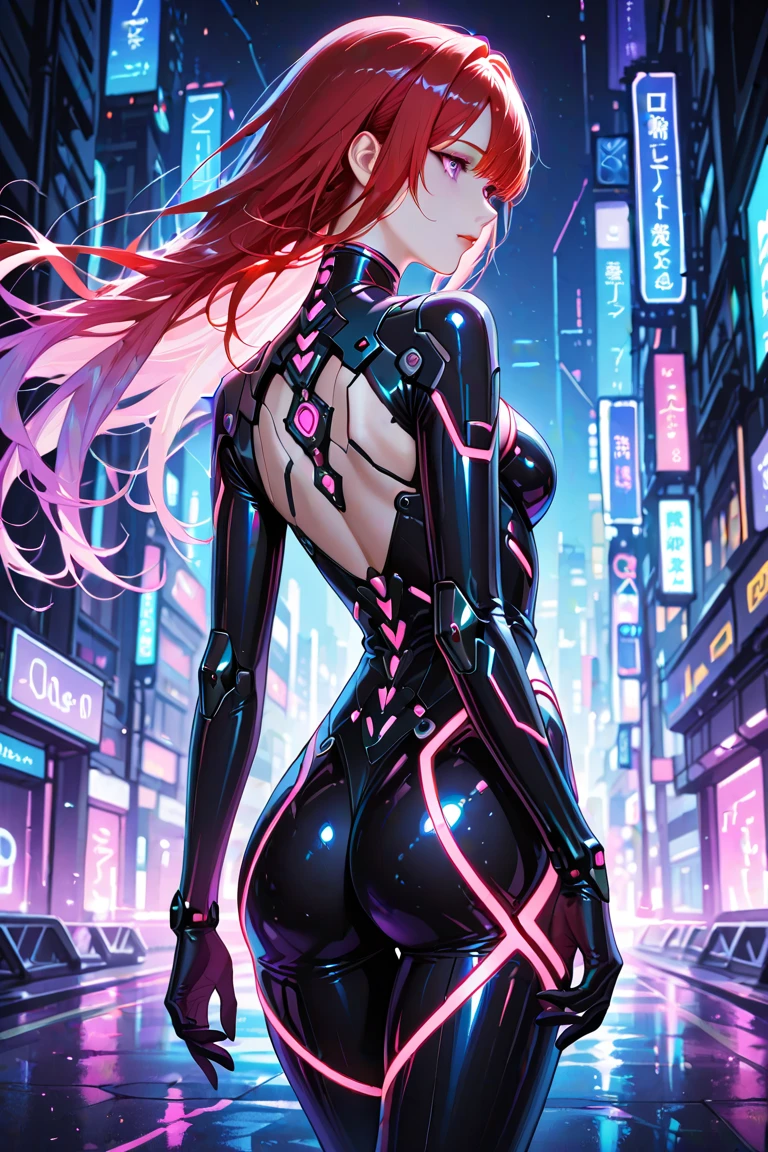 A cute anime girl with a slender physique and striking red hair, her emerald green eyes shining with a hint of mischief, stands on a gleaming platform in a sprawling metropolis of the future. The cityscape is a mesmerizing blend of sleek architecture, neon lights, and holographic projections. The girl's outfit is a fusion of futuristic fashion, combining sleek lines and bold colors. She holds a small, high-tech device in her hand, which further emphasizes the advanced nature of the setting. The atmosphere is vibrant and energetic, with bustling crowds, flying vehicles, and shimmering reflections of the city's lights on the girl's glossy hair. This artwork is rendered in a dynamic and detailed anime style, capturing the girl's cuteness and the futuristic ambiance with precise linework and vibrant colors. --ar 16:9 --v 5 --auto --s2