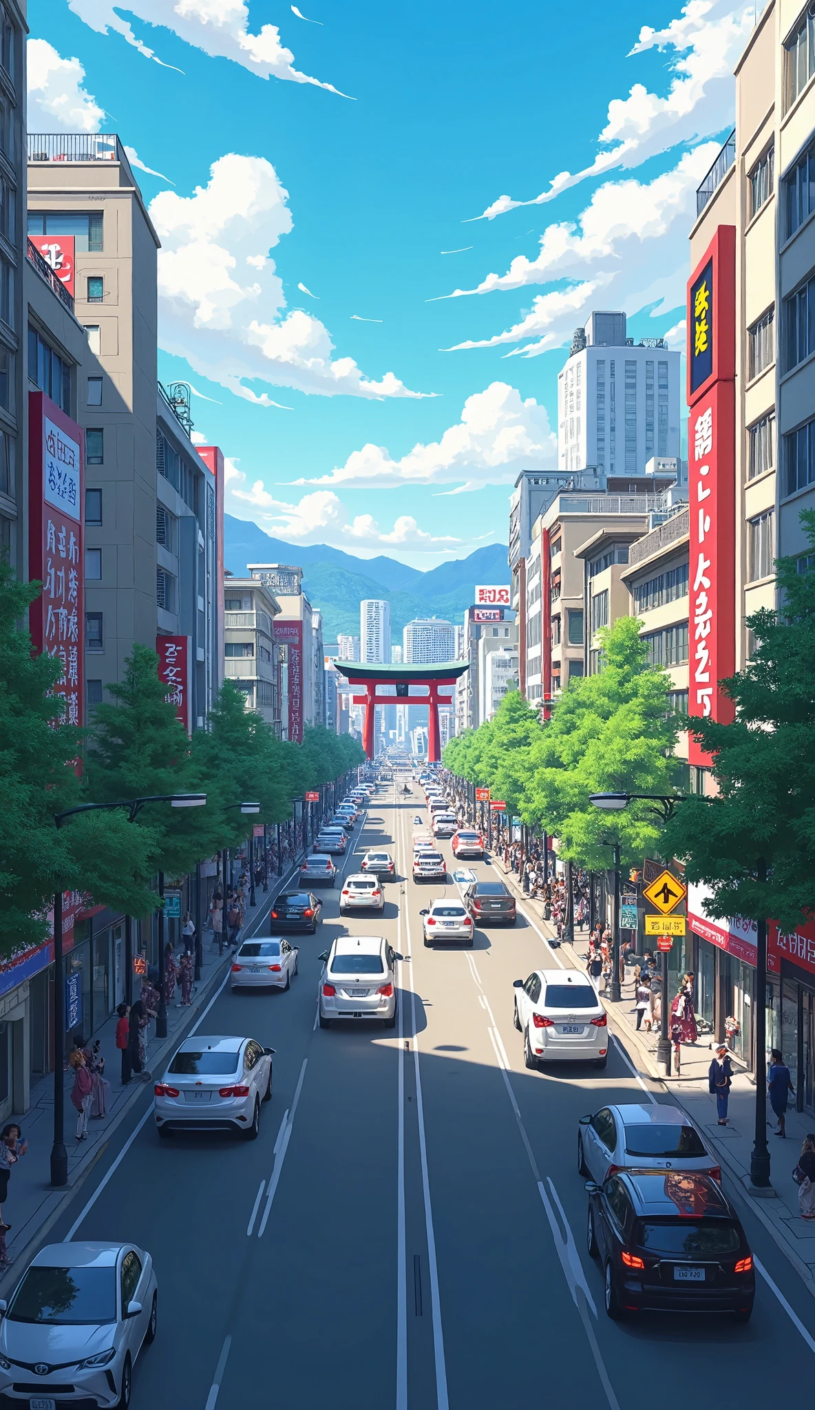 high-definition video、Road to Yasaka-jinja Shrine、arcade stretching all at once from Shijo Kawaramachi、Buildings on the arcade、traffic jams with cars and buses４lane road、Yasaka Shrine torii gate at the end that can be seen slightly far away、colorful and lively cityscape。