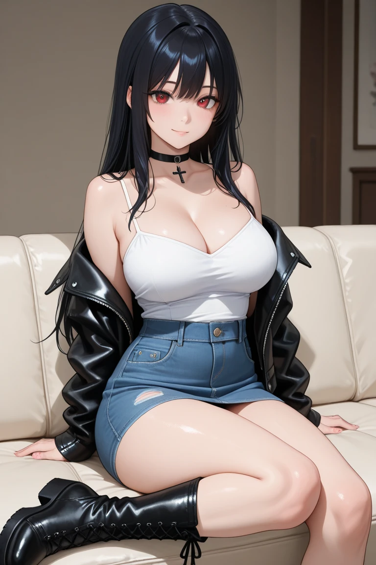 Masterpiece, highres, high Quality, detailed face, detailed body render, 1girl, solo, hyuuga hinata, hinata-sleeveless-outfit, large breasts, big breast, sleeveless shirt, fishnet top, dark lips, unzipped jacket, no bra, breasts out, nipple, standing, blushes, (on bedroom)