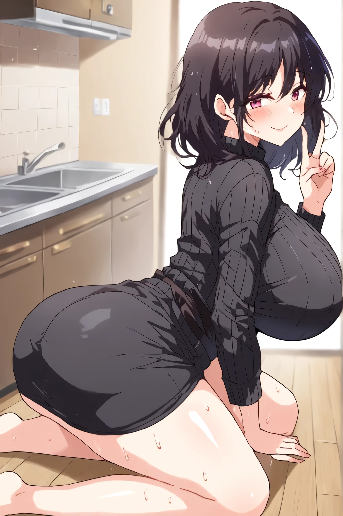 masterpiece, 4k, detailed, clarity, anime_source, source_anime, Best background, detailed background, anime, Sera's mother, short skirts, blush, clothed woman, mature female, collector, dark hair, Alone , ribbed sweater, smile, sweater, turtleneck, horny, v fingers , pose of Victoria , big breasts, caderas anchas, big legs, big butt, Milf, hentai, ecchi, breasts, sexy, from behind, Rear angle, hands resting on the floor, shy expression, shiny skin, sweat, It's in the kitchen, all fours, assume the position, look back, visible panties,