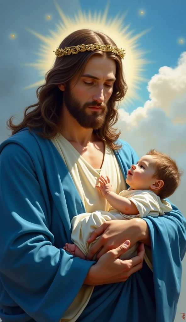 The image beautifully illustrates Jesus Christ holding a baby amidst a powerful and divine atmosphere, filled with an aura of miracles and blessings. Jesus is depicted with a crown of thorns and a solemn, compassionate expression, while the baby is securely held in his hands, looking up in wonder. The scene is surrounded by dramatic clouds and radiant light, with intricate, almost ethereal details on both their skin, suggesting divine energy and power.
"Create a realistic, high-quality 3D photograph capturing Jesus Christ performing a miraculous act, holding a baby amidst a powerful and divine atmosphere. Jesus should be portrayed with a perfect body structure, including detailed musculature and posture, and have blue eyes that convey deep empathy and strength. His hands and fingers should be depicted with meticulous attention to detail, showing perfect form as he holds the baby securely. The baby should look up in wonder, with a sense of divine connection and protection. Surround the scene with dramatic clouds and radiant light, emphasizing the miraculous and powerful presence of God. Intricate, almost ethereal details on their skin should suggest divine energy and power. Ensure the image conveys a powerful sense of divine intervention, miraculous blessings, and spiritual protection, with realistic textures, lighting, and expressions to create a lifelike and emotionally resonant photograph.".