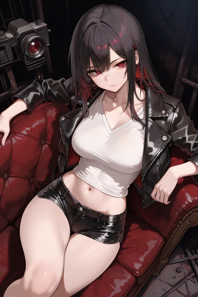 Dark style, black hair, white skin, red eyes, long hair, bangs，Leather pants，succubus，sitting，Sweat，Soaked，transparent，sofa，Playful