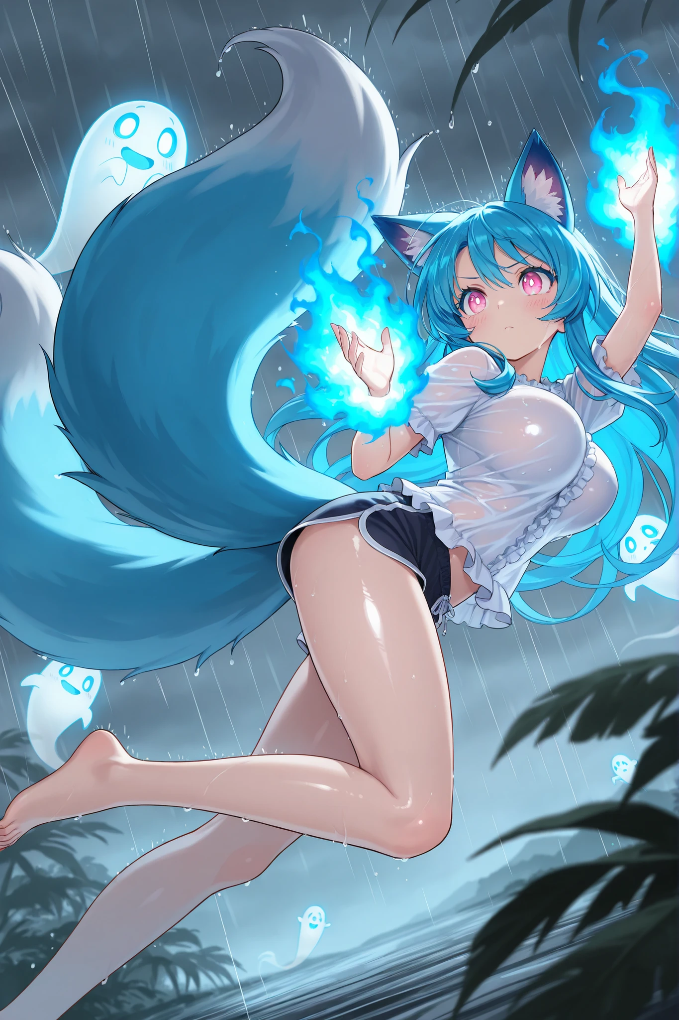 best quality,best resolution,(fluffy anthro furry :1.6),(young :1.6),light blue cat girl,light blue long hair,green blue eyes,light blue body fur,glister eyes,sparkle eyes,naked,beautiful floral waterfall,outdoor,floral ornaments,water splash from waterfall on girl,raining on girl,wet hair,wet body,water dripping on girl,water soaking on girl,sexy water line on girl body,steam around girl,romantic light,full face blush,looking at viewer,shy face,horny smile,upper body only,sexy eyes,heart expression,heart eyes,armpits fur,soak armpits,standing,heavy breath,show armpit to viewer,back view,sexy butt,scream