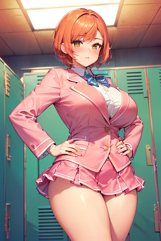 (masterpiece, best quality, ultra-detailed, high resolution, detailed eyes), takeda hiromitsu style, 1woman,(30 years old), earrings, curvy body, large breasts, long red hair, curly hair, blazer unifrm
