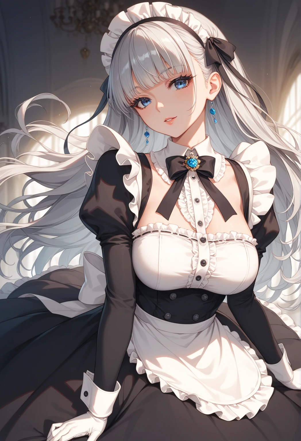 ((best quality)), ((masterpiece)), (detailed),High quality, Ultra detailed, best quality, insanely detailed, beautiful, masterpiece, White hair, long hair, (tanned skin:1.3),(clasical maid),tall woman,20s,smile(brown eyes))