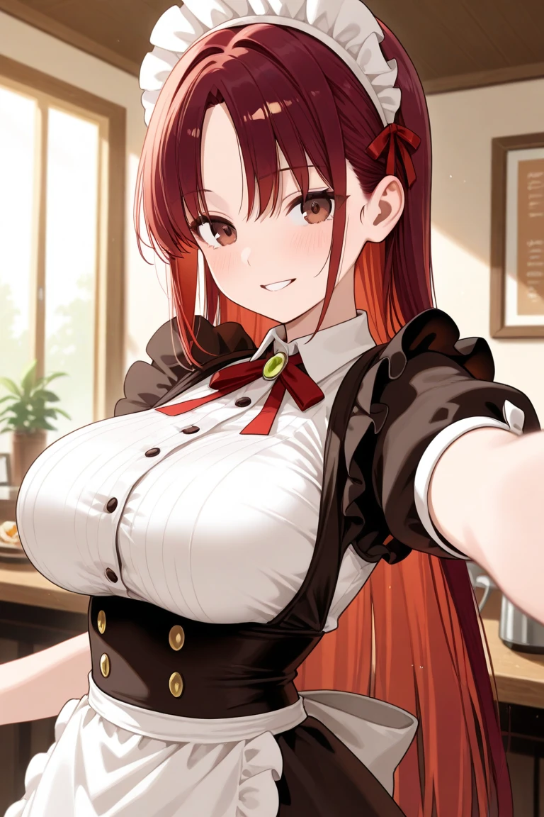 (Best quality at best,4K,8K,A high resolution,tmasterpiece:1.2),ultra - detailed,Beautiful teenage girl,  apron, perfect bodies, tit, gentlesoftlighting, sportrait, vivd colour, Red fluttering face, shinny hair, adorable smile, Beauty, posing elegantly, Eyebrows are clear, a warm color palette.