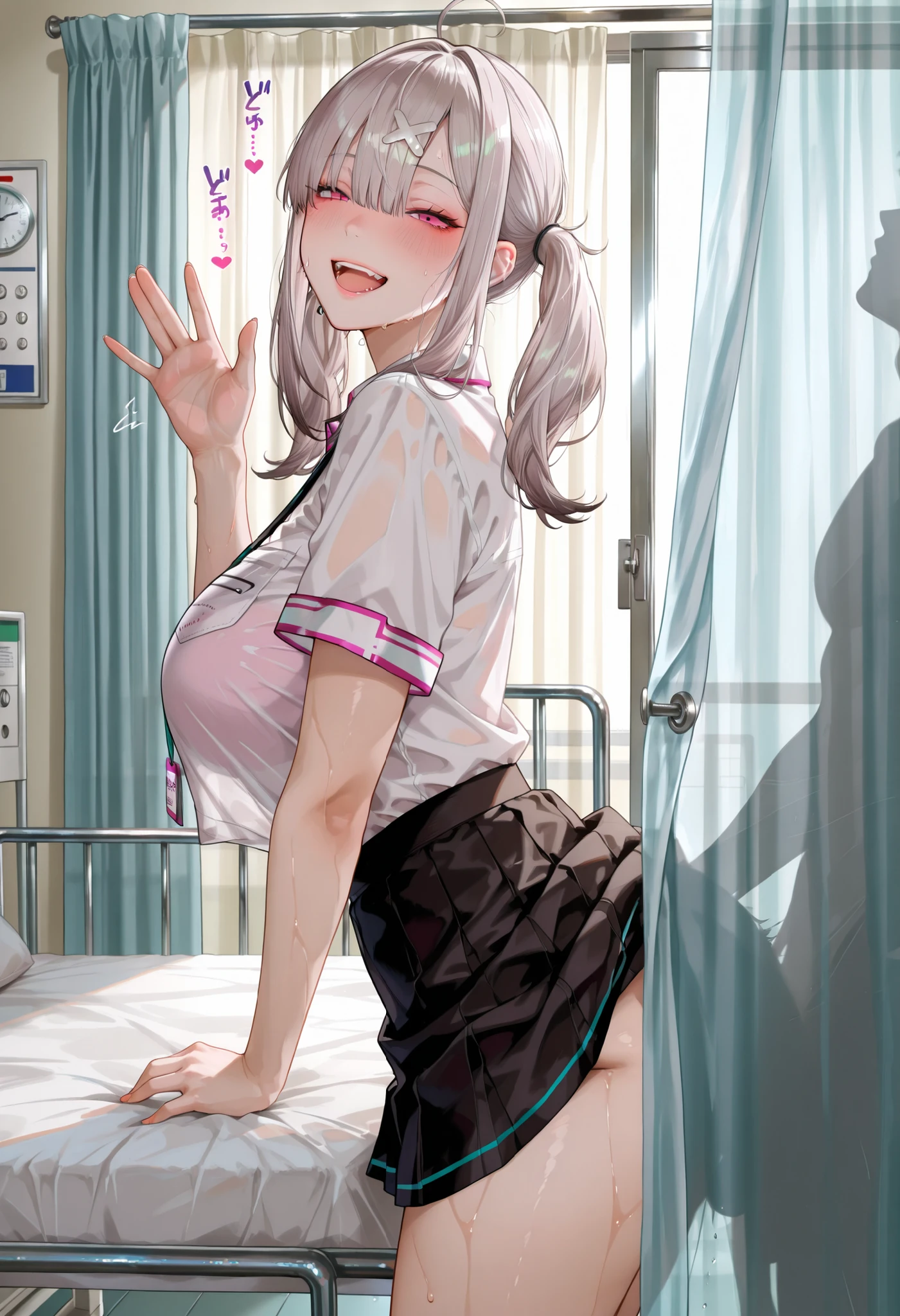 masterpiece,best quality,amazing quality,very aesthetic,absurdres, 1girl, sukoya kana, solo focus,expressionless,wide-eyed,blush,open mouth, half closed eyes, sound effect, text, sweat, waving hands, skirt, fake smile,looking at viewer,from side,half silhouette sex,sex,standing sex,sex from behind,indoors,infirmary,curtains,