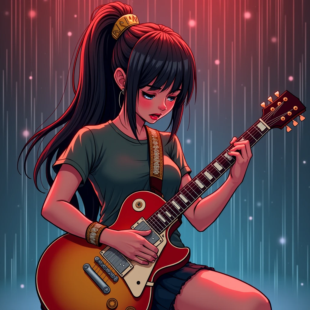 masterpiece, best quality, ultra-detailed, illustration, an extremely delicate and beautiful,high resolution, ultra-detailed,,perfect face,slender perfect body, Tight belly,Toned buttocks,Constricted waist,,(girl plays the guitar:1.7), 15yo,(colorful braid hair),(big smile),black sunglasses, (tattoo on thigh:1.3),(very short hair), shy daughter, short stature,(rock and roll star:1.3),(small breasts),on a luxurious stage), (band girl),((very wide shot )),( sweaty skin:1.2),(low view:1.5),(spread legs:1.3),show off panties