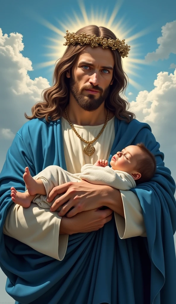 Perfect hand 5 finger, Portrait of a handsome Jesus Christ carrying baby Jesus Christ. wearing white clothes shining the light from his head and heart all over. Sitting in the throne of the palace, handsome Jesus Christ and baby Jesus Christ, real blue eyes, sunny day, intricate details.real handsome Jesus Christ and baby Jesus Christ, straight head face, Straight body.Prayer handsome Jesus Christ and baby Jesus Christ, perfect full body, perfect hands finger,Prayer handsome Jesus Christ and baby Jesus Christ, praying handsome Jesus Christ and baby Jesus Christ backgrounds natural photographic
