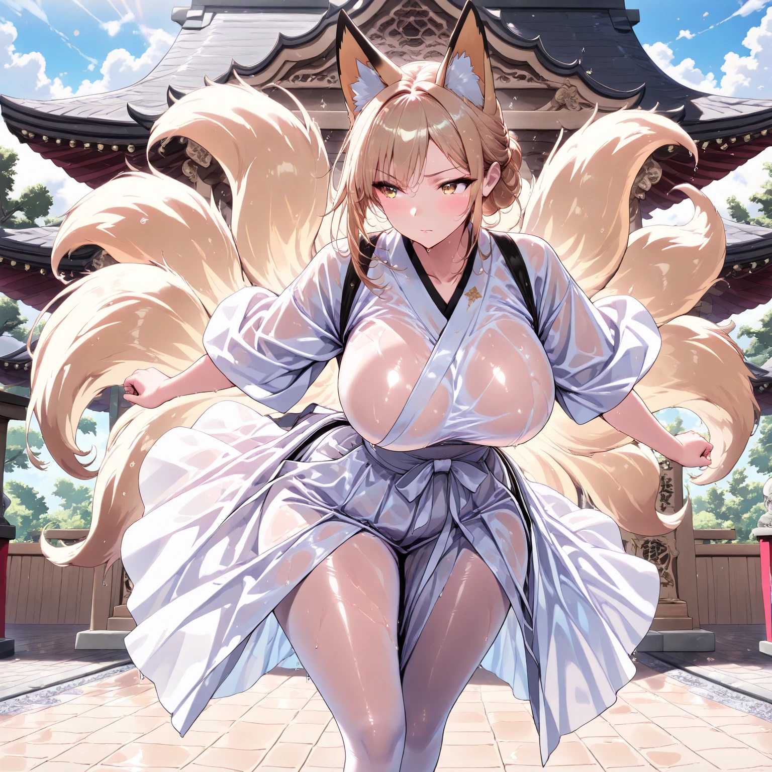 ((最high quality, 8K, masterpiece)), High resolution、（high quality: 1.5）、Very detailed、Detailed face、Bright colors、Natural light、Fine grain、Colorful eyes、Beautiful Face、非常にDetailed faceのテクスチャの女性,masterpiece, 最high quality, Detailed and beautiful eyes,最high quality、Best image quality、masterpiece,Shrine maiden,Big Breasts,Shrine maiden服,hakama,shrine,Fox ears,Fox Tail,Solemn,Main God,pray,Black Hair,Fox,mature female,smile,Just beautiful,masterpiece,最high quality、so beautiful,High resolution,1girl, 独奏,make up,smile,make,(masterpiece:1.2)、(最high quality:1.2)、Latest Glossy Skin