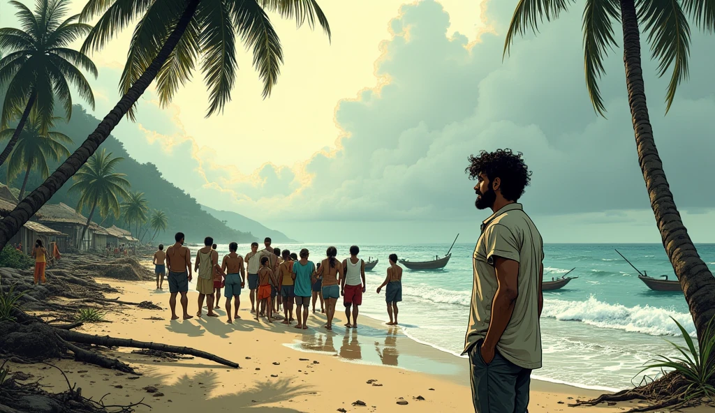 Kai is a lean, wiry teenager with tanned skin from long days spent under the sun. His hair is dark and unruly.A group of fishermen gathered around the boy, listening intently as he teaches them how to sail safely through storms."**scene carton anime