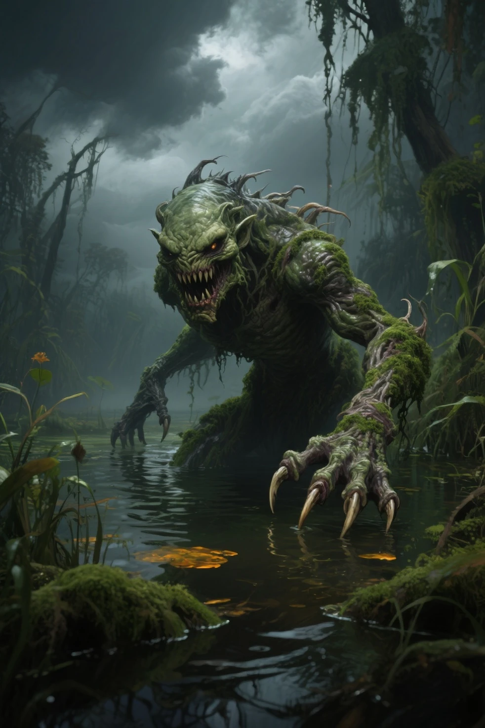 (Masterpiece, Superb Quality, Super Delicate, High Resolution) (((Marvel's hulking Man-Thing))) Swamp manlike creature, photo-realistic, octane render, unreal engine, ultra-realistic, (((DC's hulking Swamp thing))) (((Three large veins hanging down on his face))) DC's Swamp thing (((in the Dark Swamp))), moon in the background, ultra-realistic, Masterpiece, octane render, unreal engine