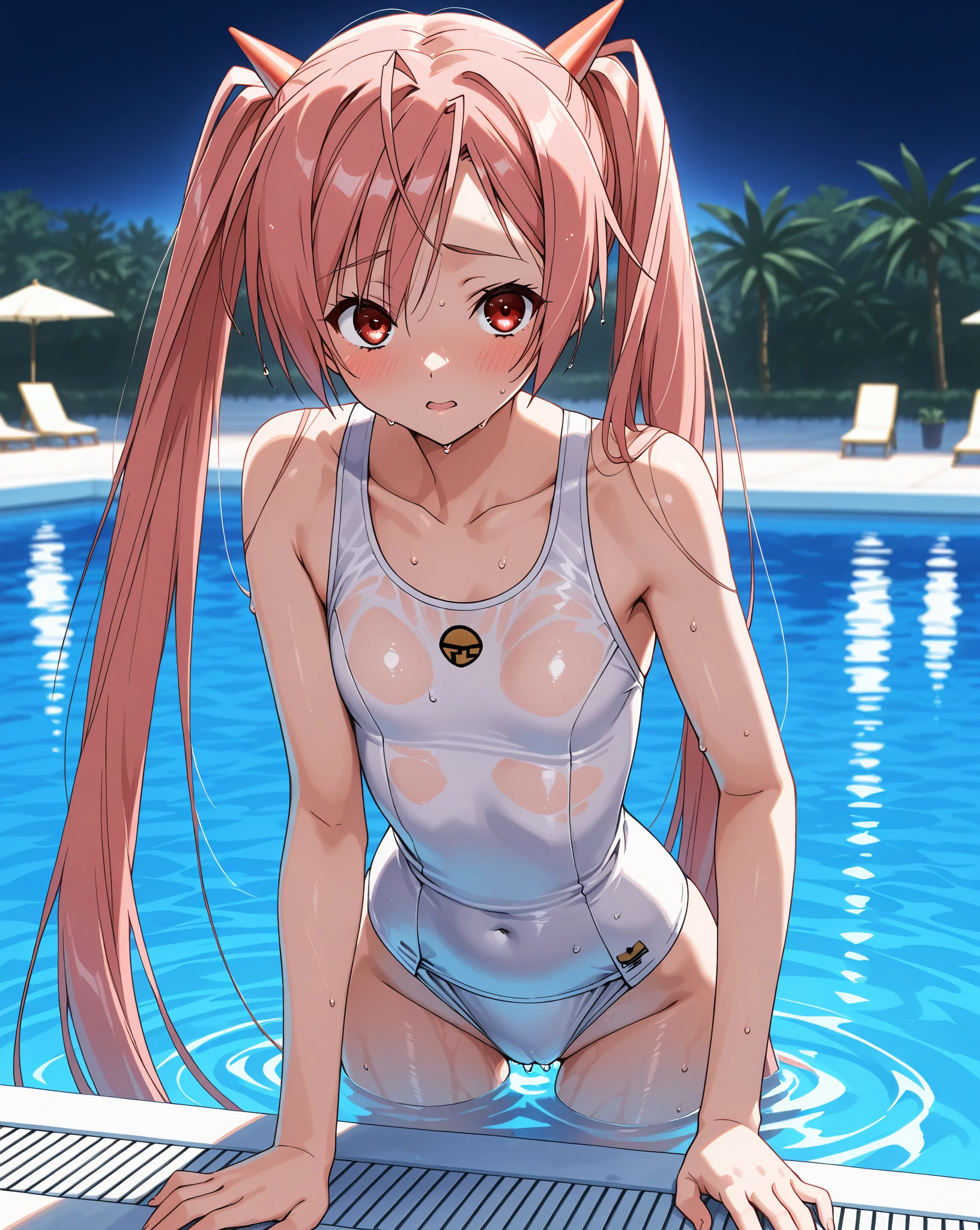 (dynamic angle),in the poolside, pale Light orange Hair, long hair, twintails, hair black ribbon, girl1, upper body, completely nude, (small nipples:1.2), (small areolas:1.2), kawaii, cute, pale purple eyes, (shy), (blush),surprised,open mouth,