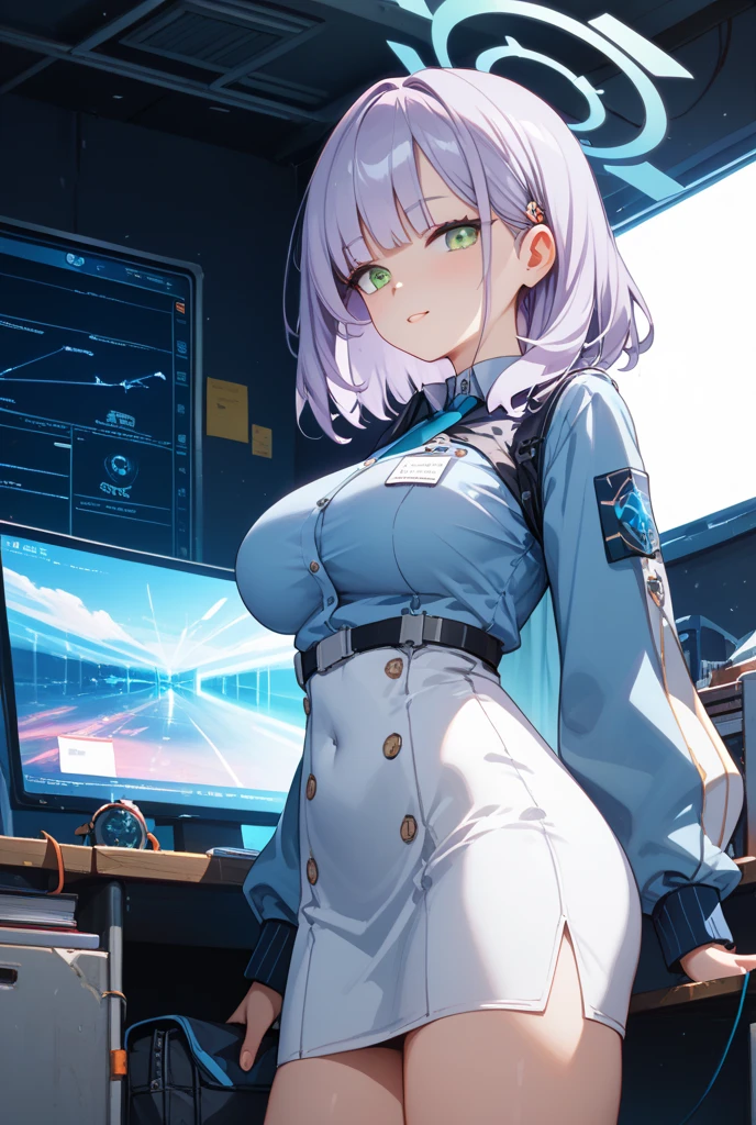 masterpiece, best quality, TopazV4:1.5, 1girl, looking at pc screen, solo, hair ornament, ((holographic interface:1.3)), indoors, spaceship, night, gigantic , string bikini, fat, walking, living room