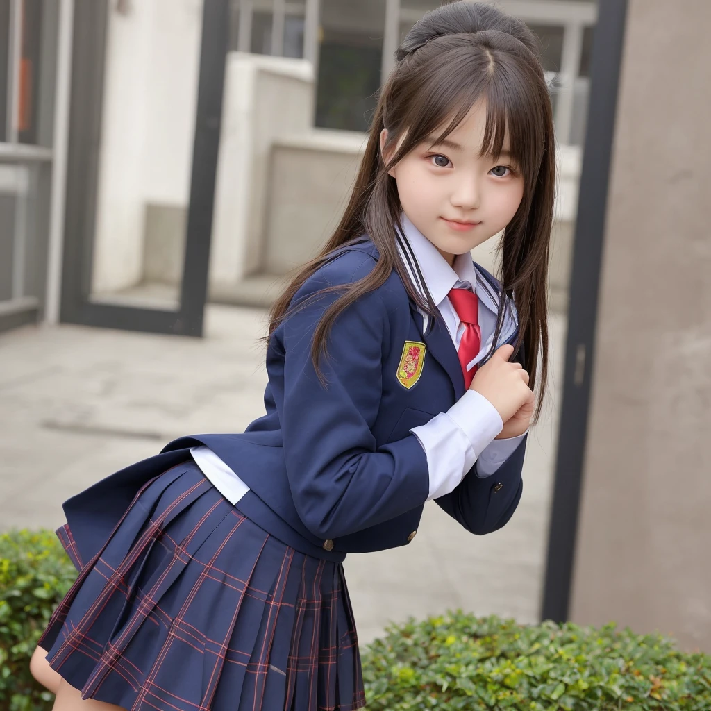 Top quality, schoolchild, loli, 12 years old, smile, happiness, white panties, school uniform, full body, black hair, cute, ((towering body, towering socks)),