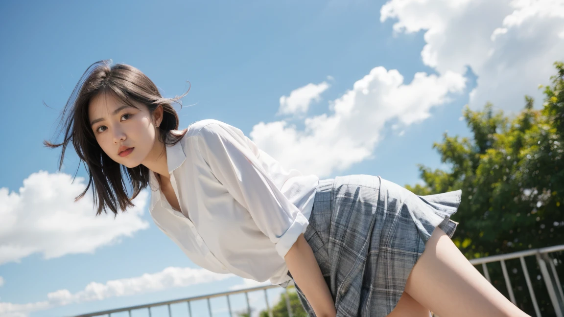 shoot from below:1.5), Front angle, (from below :1.4), (crotch focus:1.2), (low angle:1.2), BREAK, top-quality, masterpiece, 16k picture quality, 27 year old slender and beautiful women , Medium Bob Hair, plump breasts, Constricted waist, White open collar blouse, Pleated mini-skirt, white panty, Photographed from below, Squatting on the Gulf at evening, Open legs, Looking at the camera, Red sky and beautiful clouds, sun down,