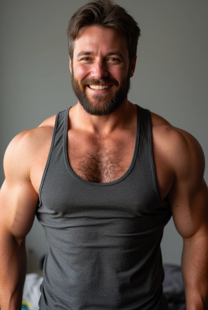 Foto de um homem de 40 anos, German and white with light, pink skin, vestindo uma camiseta regata branca e usando um short curto de cor vermelha. Tem barba curta e cabelo curto, his chest is robust and his body is muscular, he also has a little belly. He is in a relaxed and carefree pose, the lighting is soft and natural, lembrando fotografias profissionais. The man looks like a daddy and is cute and sensual at the same time