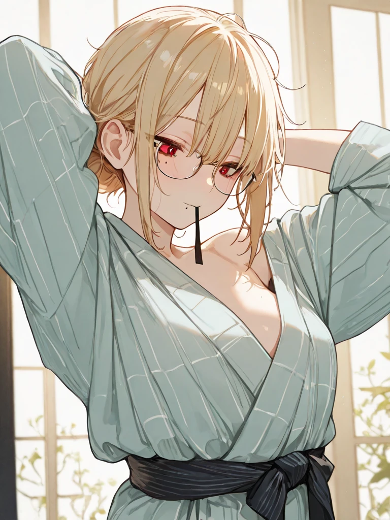 chubby girl, blonde, green eyes, medium length hair, open forehead, without bangs, glasses with black square frames Japanese clothing style, ancient japan, bare chest
water, sauna 