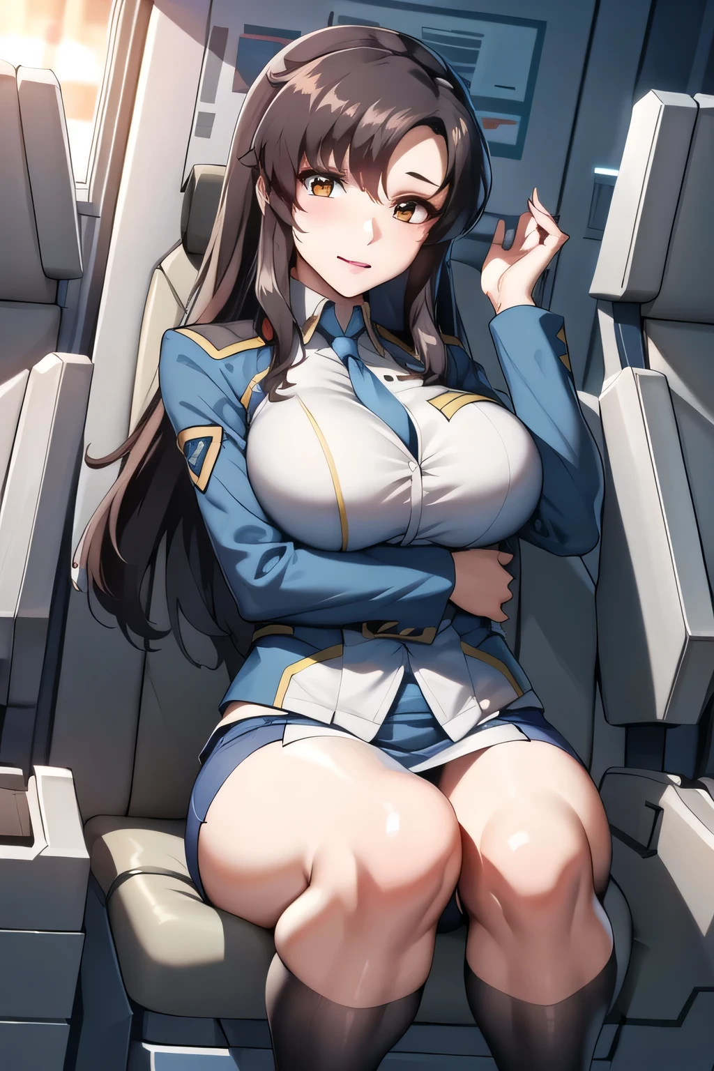 ((No underwear、Pussy and pubic hair visible))、Highest quality, masterpiece, 8K, Ultra-high resolution, (Photorealistic:1.4), One Girl、Beautiful Face、Symmetrical eyes、huge 、Perfect Body Proportions、Stewardess Uniform、Frilled Skirt、Look at the viewers、(Inside the plane:1.2)、View from the front、shoulder、Angle from below、View from below、Thigh Emphasis、Cleavage、Seductive pose