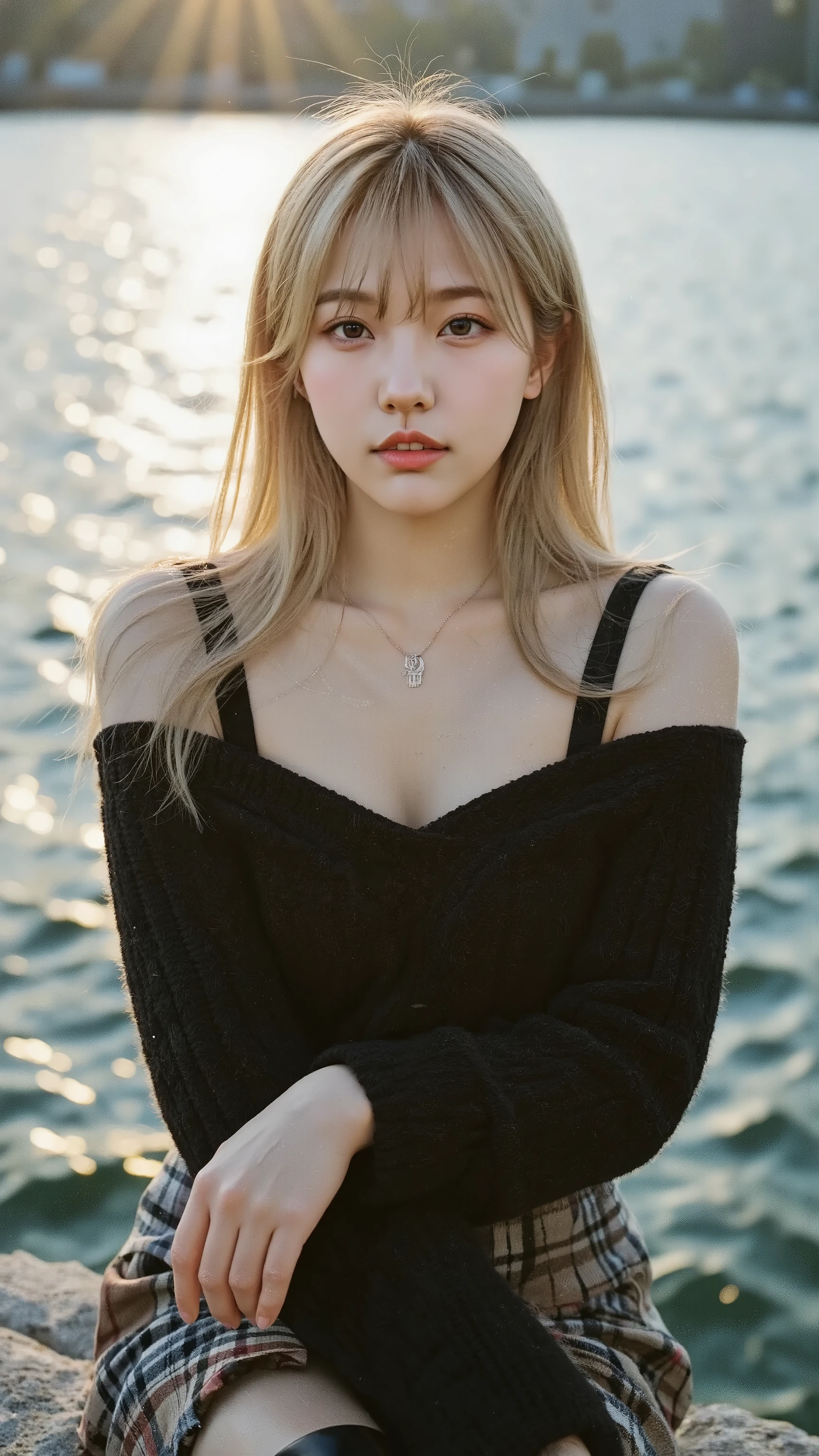 wonderful beauty , blonde shiny silky hair, Lagherata ( Lagherata of Viking ) , charming eyes , excellent body proportions, black wide open shoulderless crop top oversized knit fluffy girlish sweater, Burberry check flared skirt, black thigh-length boots, iridescent with sparkling water drops reflecting the sun on the background, ultra-detailed, Absolute Resolution, masterpiece