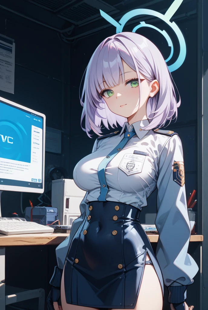 High resolution, 2D anime style,,blue eyes beautiful eyes,high and beautiful nose,thin face,blonde boyish short hair,Cool adult woman,Chest is slightly larger,she looks very happy,biting one&#39;s lips, she was very angry, she narrows her eyes,Punk fashion that shows cleavage,she is wearing a leather jacket and shorts.,Sitting in a chair and composing music on a computer,,In the studio
