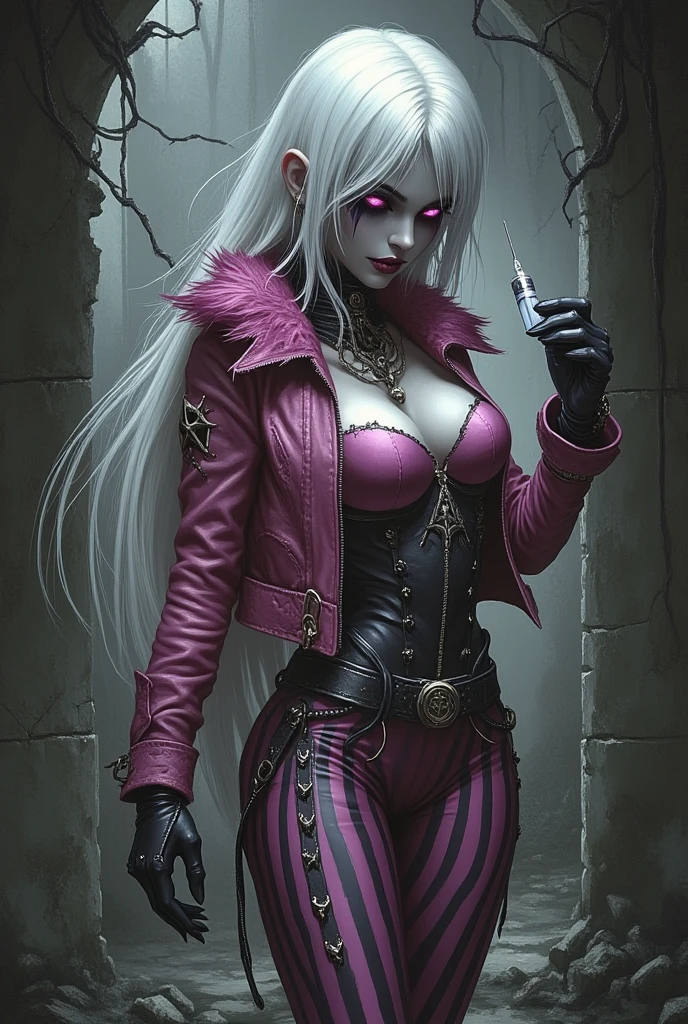 Illustrating Marionne, the demon huntress, She has long wavy lilac violet hair and gray eyesclad in a form-fitting black leather outfit, comprising a wine leather trench coat, a snug red corset embellished with belts and chains, coordinated pants, long leather boots for added defense and a gothic flair, wielding a large sword with a skull-adorned guard and a realistically styled hilt, against a dark backdrop to enhance the mysterious aura, Illustration