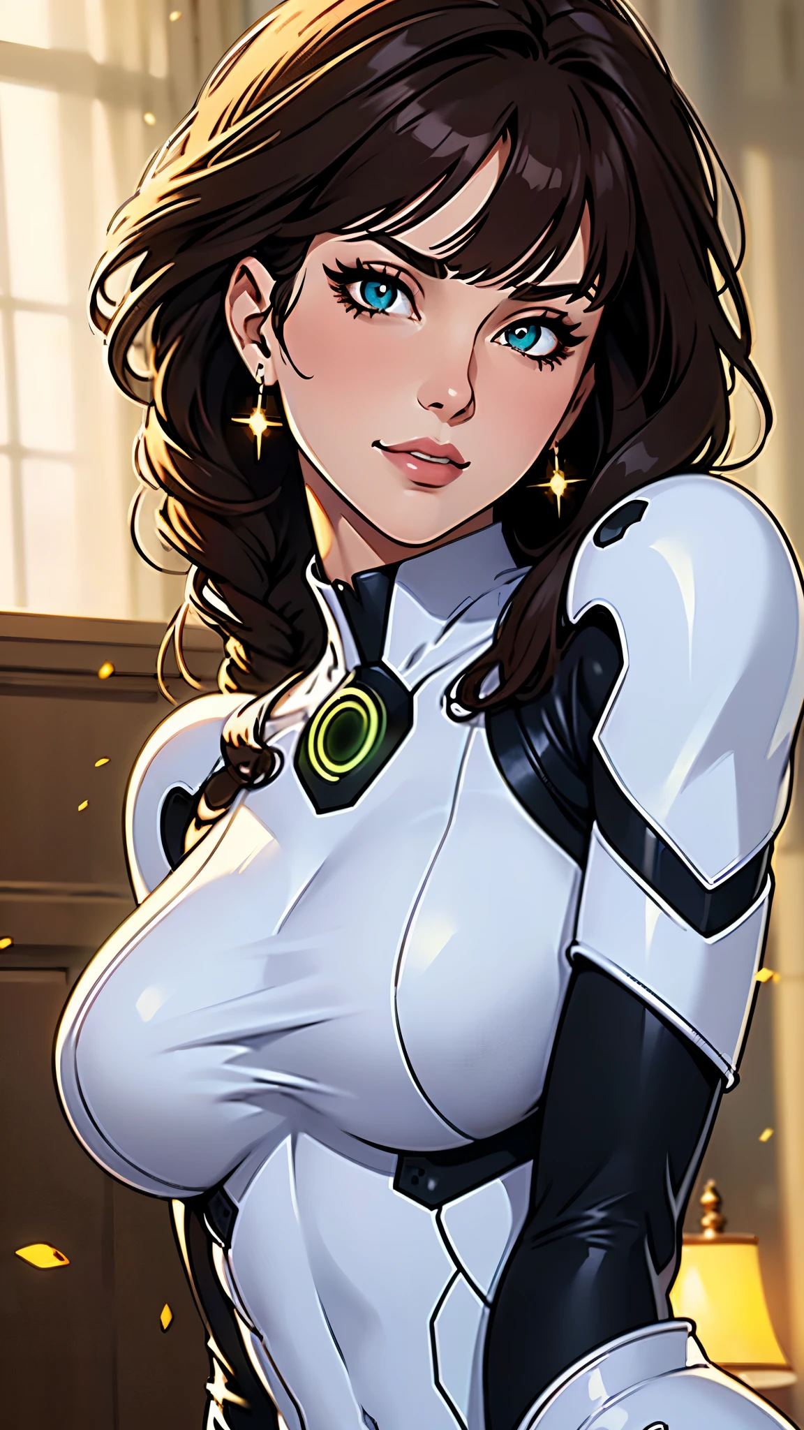 masterpiece, best quality, a beautiful woman with long shiny hair, choppy bangs, delicate face, passionate gaze, perfect smille, blush, seductive expression, tall and fit figure, perfect body, perfect skin, seductive pose, sexy Futuristic Technological Nanogel Clothing, the color scheme is primarily White with Green accents, jenniferconnelly, Fechin, muv-luv, IMPRESSIONISM, this character embodies a finely crafted sexy beauty, exquisite and mature oil painting style, goddess, feminine, exquisite photography, depth of field, bokeh, photorealistic, even and soft lighting on face, dramatic, high definition, highres, ultra detailed, professional photo, perfect body proportions, anatomically correct, symmetrical face, extremely detailed eyes and face, perfect eyes, high quality eyes, creativity, RAW photo, UHD, 32k, portrait lighting, cinematic lighting, (masterpiece-anatomy-perfect:1.2)